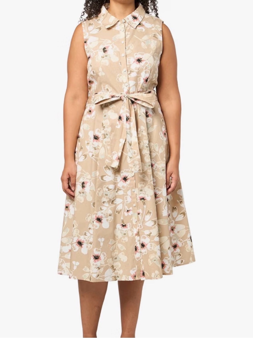 Tommy Hilfiger Beige Floral Sleeveless Tie-Waist Midi Dress